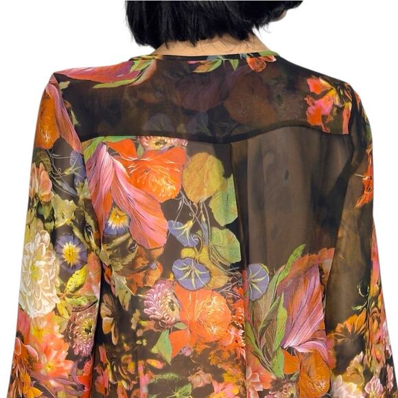 Dark Floral Sheer Blouse S Brown Multi Pin Pleats Fairycore Whimsigoth Ethereal - Picture 5 of 12